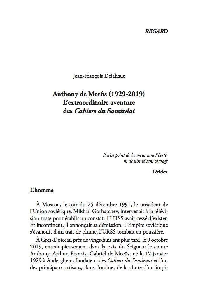Première page. Anthony de Meeûs (1929-2019). Extraordinaire aventure des Cahiers du Samizdat. Regard par Jean-François Delahaut. 2022-10-01